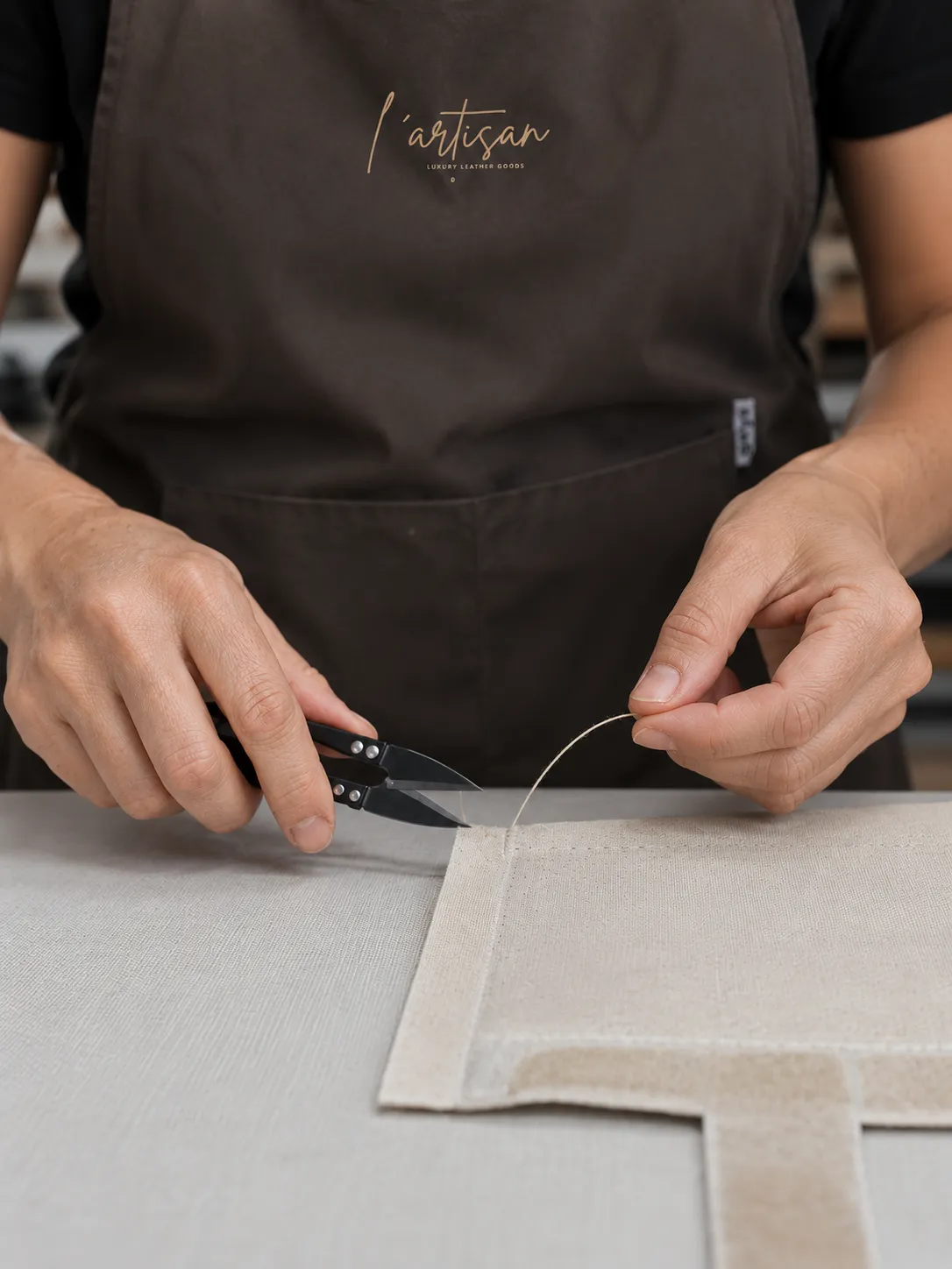 Artesana cortando hilos a mano